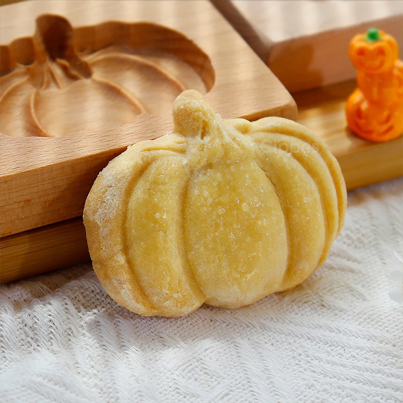 Wooden Cookie Molds for Halloween 3D Carved Embossed Gingerbread Mould Baking Pumpkin Skull Ghost Witch Jack O'Lantern