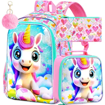 3Pcs Unicorn Backpack for Girls, 16" Soccer School Bookbag Set with Lunch Box，Kids Backpacks for Elementary Preschool Kindergar 1
