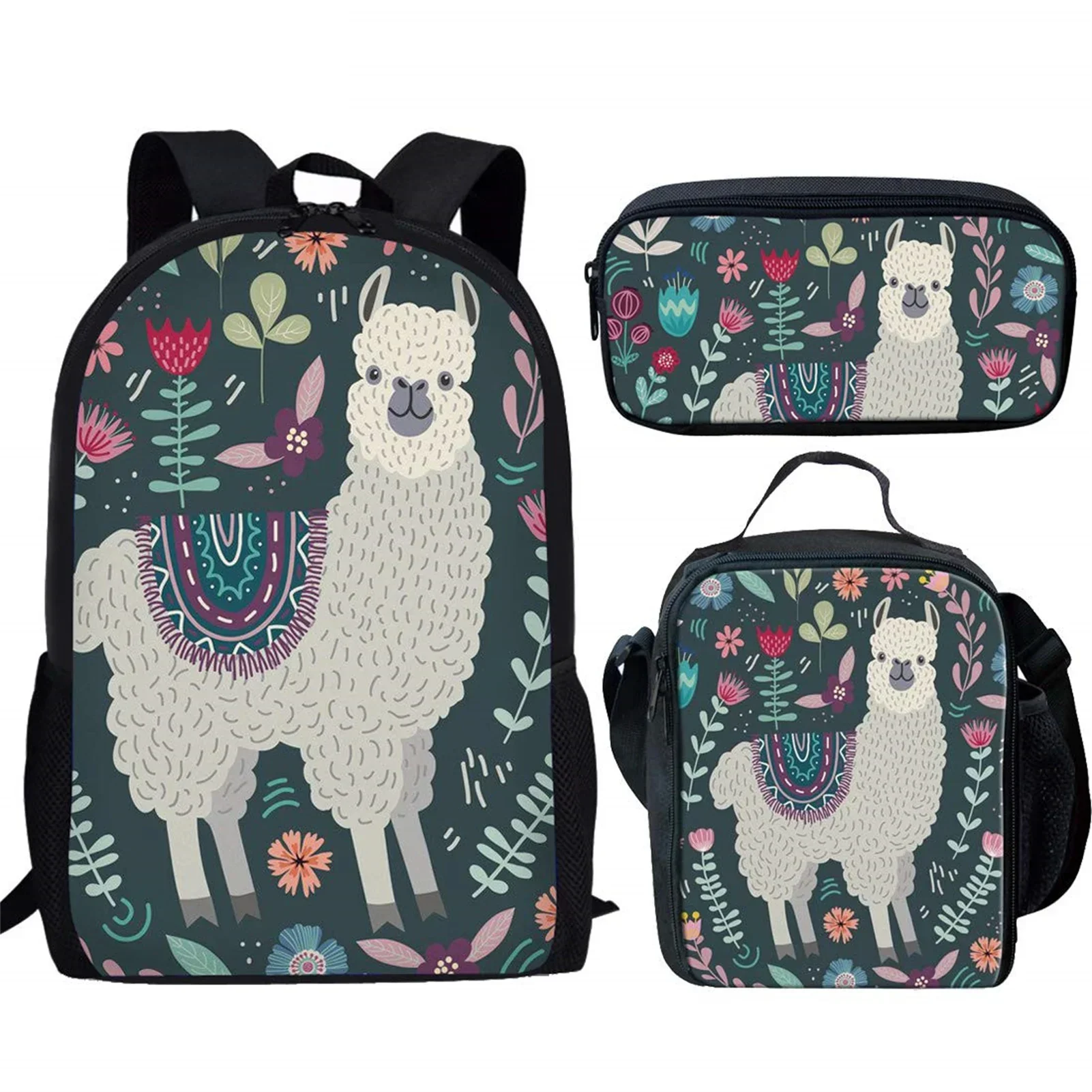 

Cute Alpaca Flower Kids School Backpack 3Set for Teens Boys Girls Daypack School Bag with Lunch Box Pencil Bags Student Bookbag