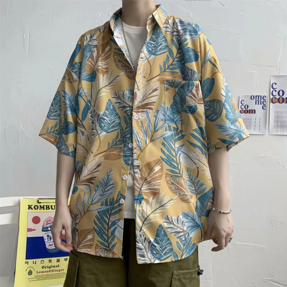 Retro Floral Short Sleeve Shirt Men Trendy Personalized Versatile Cool Five-point Sleeve Summer Hawaii Clothing Trend 6