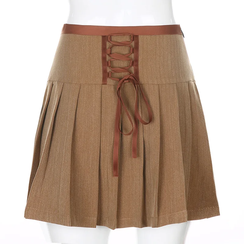 red skirt Khaki Preppy Style Pleated Skirts Womens High Waisted Mini Short Skirt Ladies Casual Tie Up Bandage Skirt Autumn 2021 black denim skirt