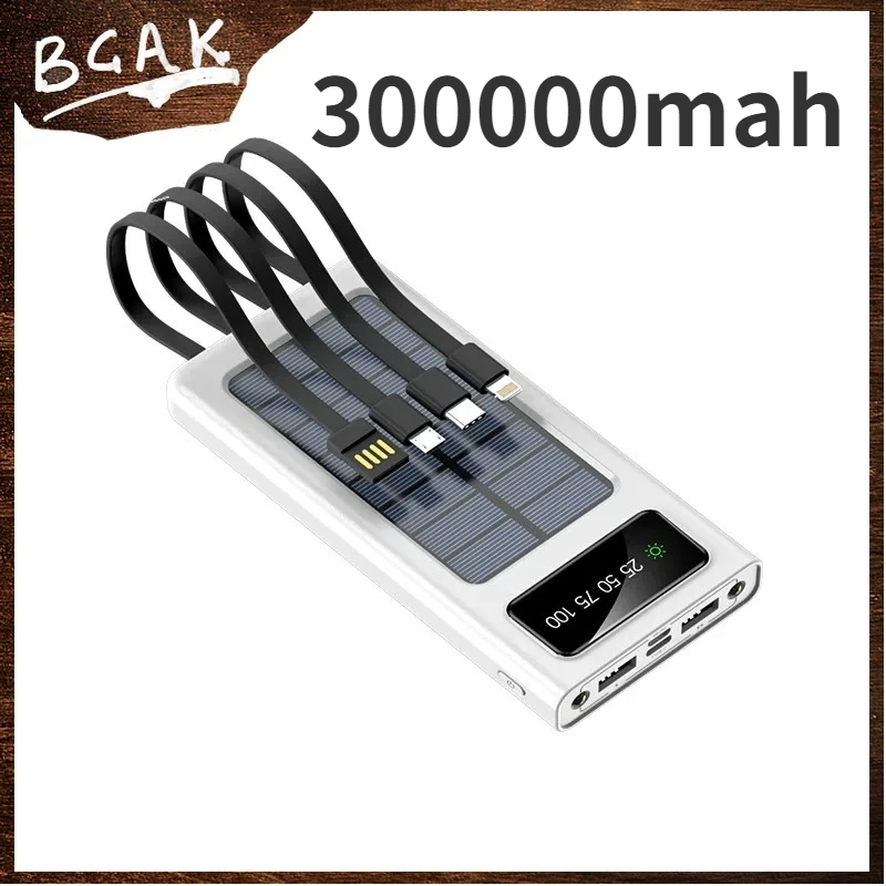

Внешний аккумулятор BCAK на солнечной батарее, 300000 мАч, новый стиль, удобный ультратонкий Встроенный кабель для iphone 15, внешний мобильный аккумулятор для кемпинга