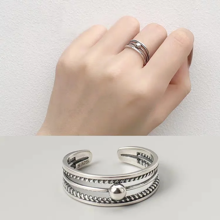 

925 Sterling Silver 3 Layers Hollow Out Vintage Adjustable Rings for Women Girls Jewelry Retro Finger Rings Birthday Party Gift