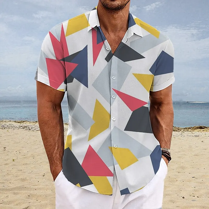 

Men's Geometric Print Short Sleeve Shirt Hawaii Beach Casual Men's Cardigan Top Stylish And Comfortable Men's Shirt