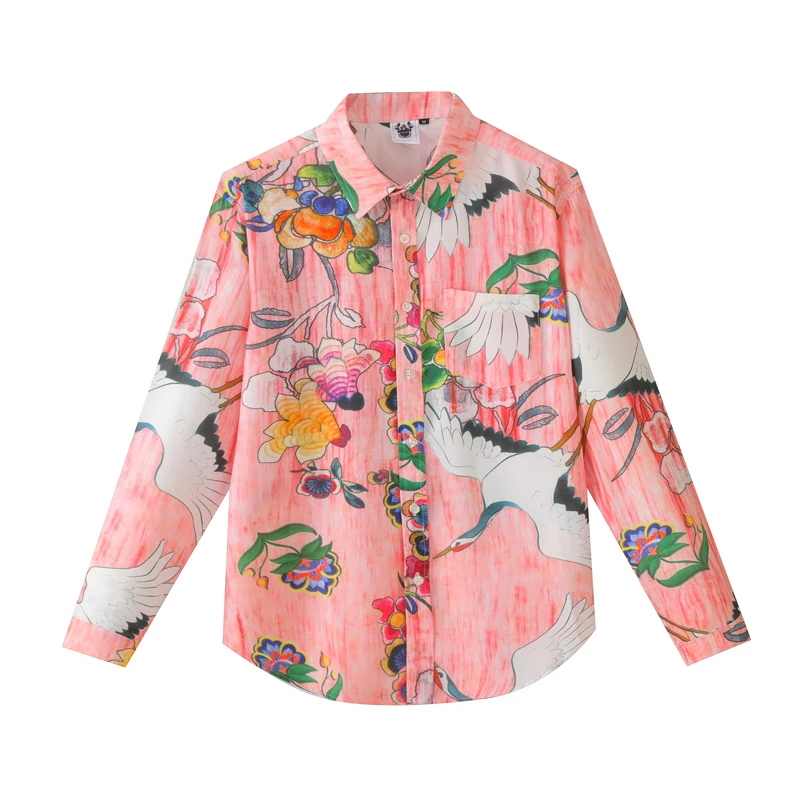 

European and American men's wear summer 2022 new Long sleeve lapel single breasted Pink crane Fashion shirt