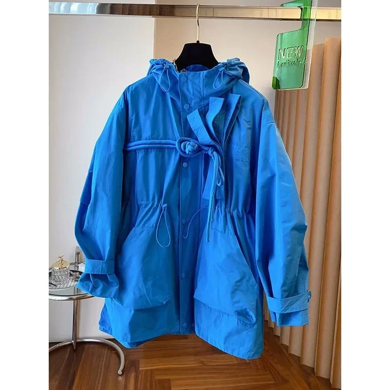 

Korean Bow Drawstring Waist Pockets Hooded Jacket Women Trench Coat Outwear Autumn Loose Long Sleeve Zipper Windbreaker Female