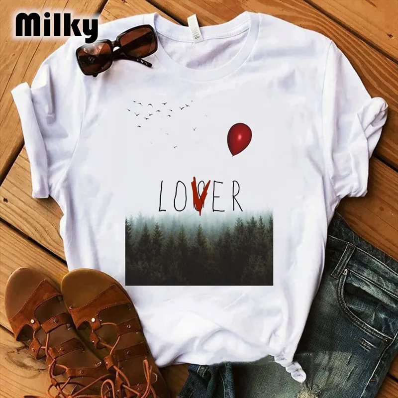 thumbnail image 1 of Camiseta personalizada de película de payaso de terror para mujer, ropa con estampado de Stephen King, Pennywise, Tops para mujer 2024, 1 of 5
