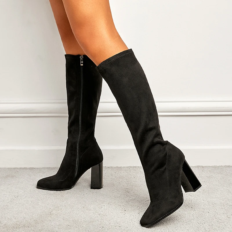 Winter Pointed Zipper Suede Thick High Heels Women's Boots Shoes Long Tube Black Sexy Gladiator Shoes Size 35-42 Knee High Boots
