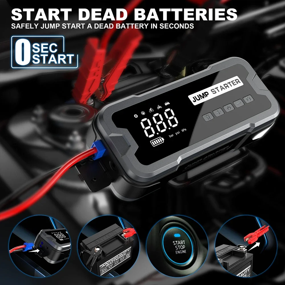 12V Car Jump Starter Air Pump 4000A Cylinder Inflatable Pump with Air Compressor Jumper Box 24000mAh Power Bank Battery Charger