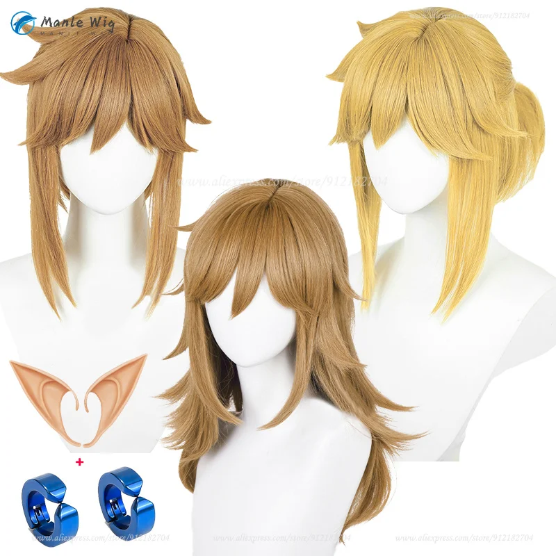 

Парики для косплея аниме Link, термостойкие искусственные волосы для принцессы, зеленые/коричневые искусственные волосы, для косплея, с шапочкой, 29 см