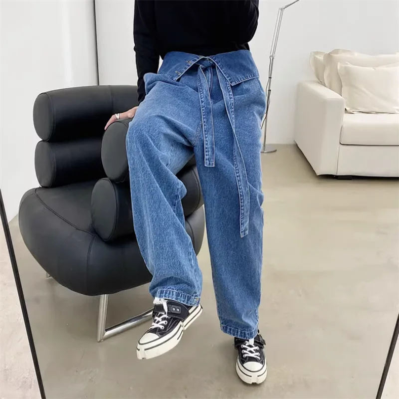 2023 Korean retro high-waisted jeans men's personality over waist head design feeling loose and thin straight leg wide-leg pants