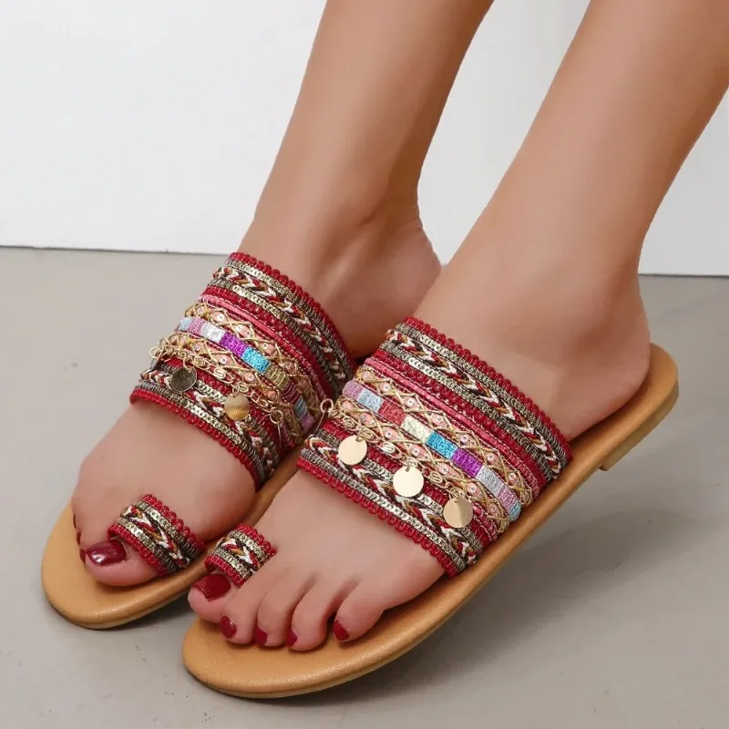 Large Size 43 Elegant Women Flat Slippers Tassel Sandals Bohemian Beach Outdoor Knitted Upper Flip Flops with Clip Toe Ring