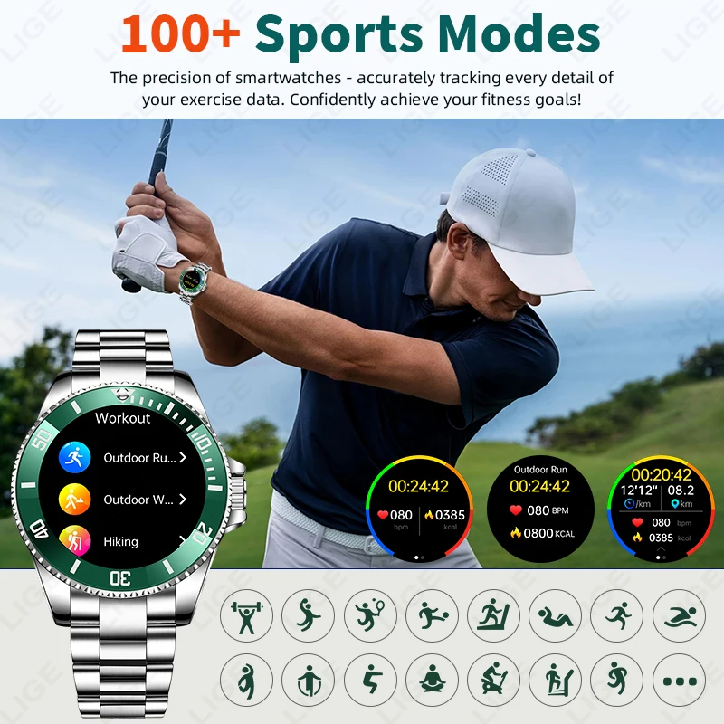 LIGE Men's Luxury Full Steel Smartwatch BT Call Voice Assistant Man Wristwatch 100+ Sports Sleep Monitor Watches For Android iOS