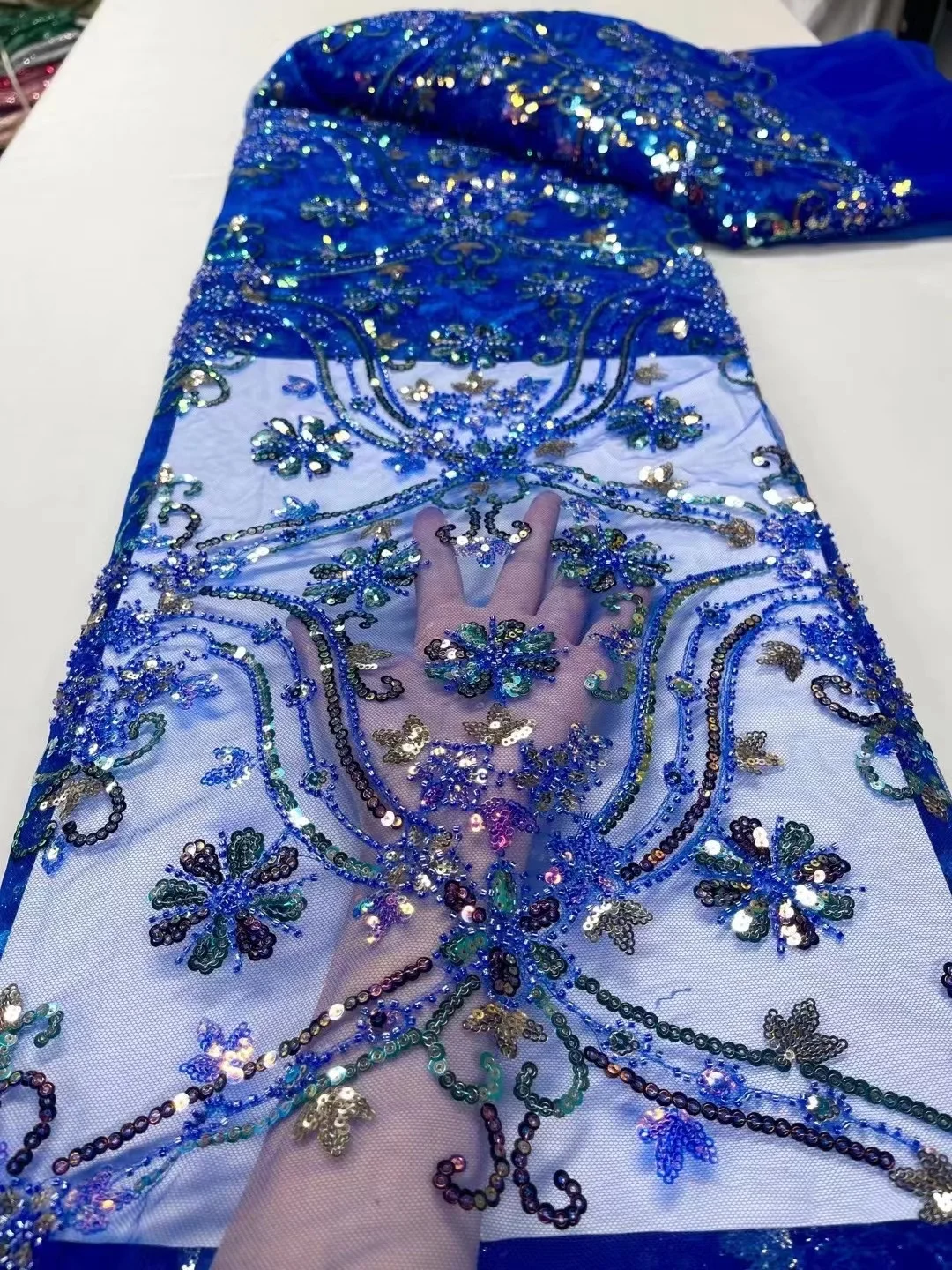 

African Royal Blue Handmade Bead Lace Fabric For Wedding 2023 High Quality Nigerian French Mesh Tulle Lace Fabrics With Sequins
