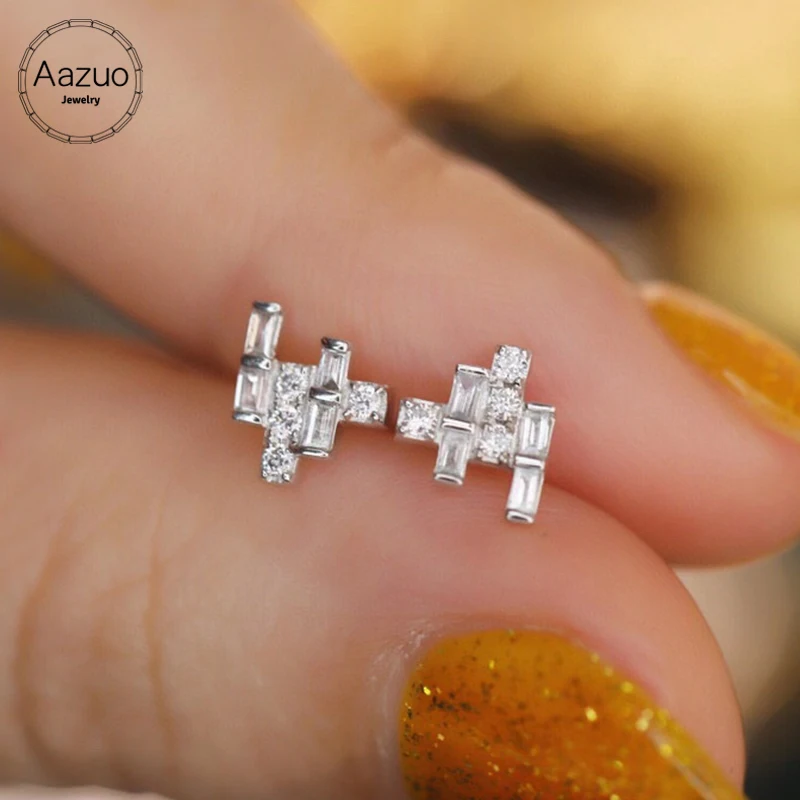 Aazuo 18K Pure White Gold Real Diamonds 0.20ct Fairy Geometry Stud Earring Gifted For Girls & Woman Birthday Party Fine Jewelry