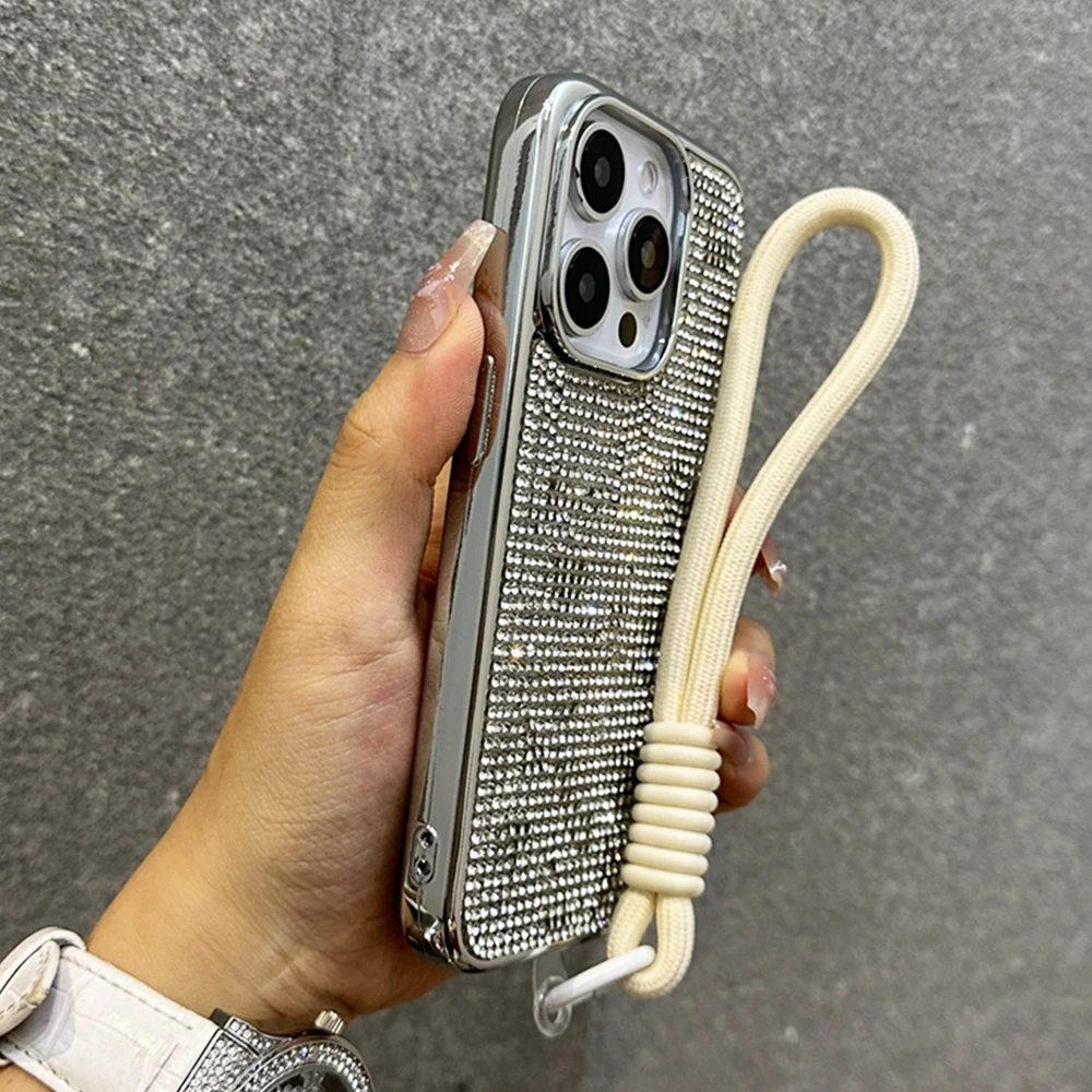 Luxury Plating Shiny Diamond Lanyard Phone Case with Wrist Strap - Shockproof Protective Cover