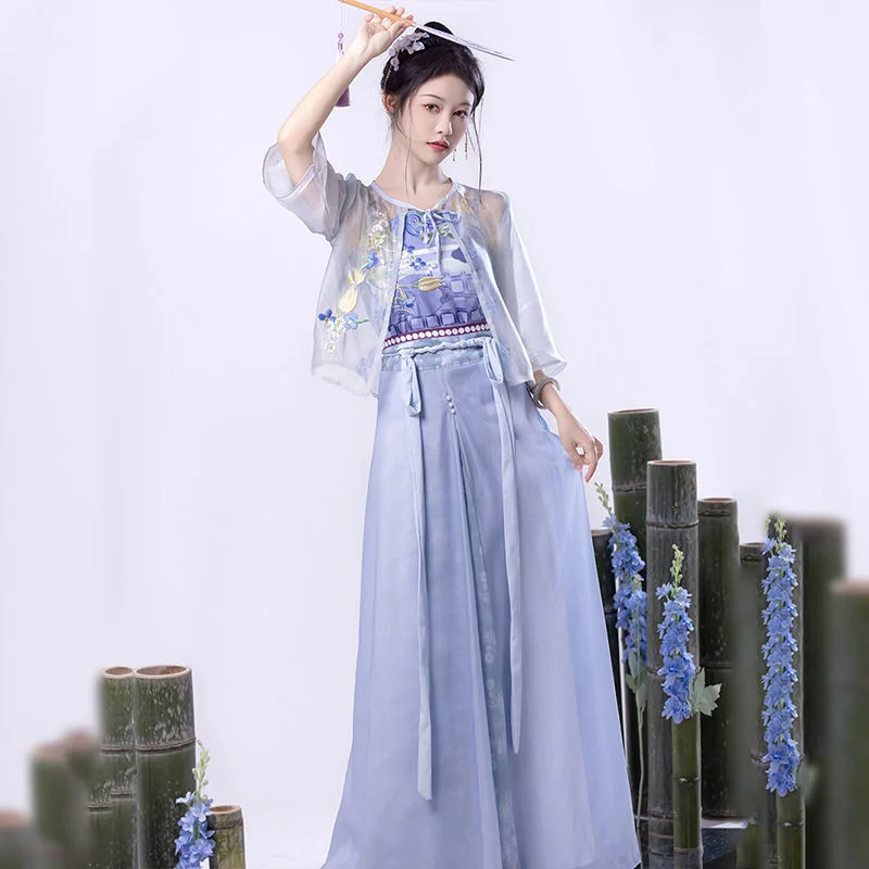 

Women in Hanfu[Yan Ran]Round neck short shirt, three room skirt, waist length, Chinese element, 2023 summer new style