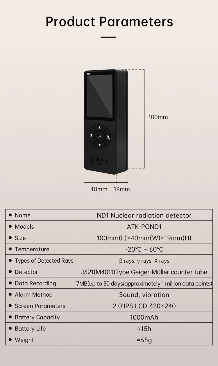 ND1 Geiger Counter - Nuclear Radiation Detector, X/γ/β-ray, Rechargeable