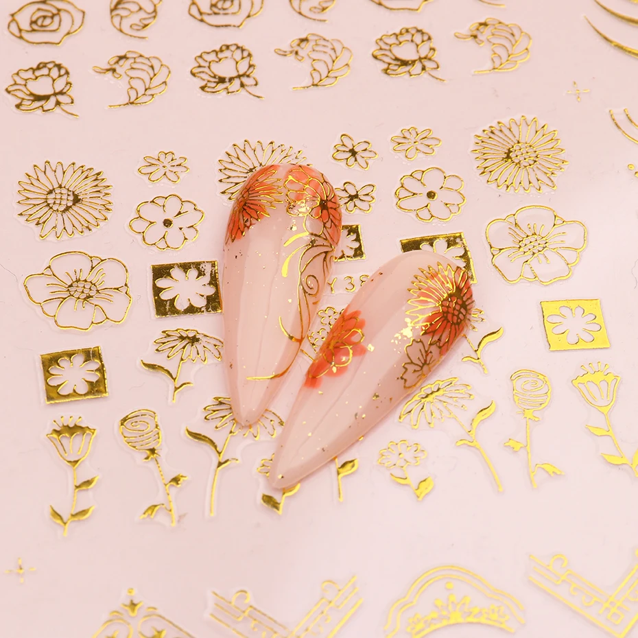 Nail Stickers Nail Art Decoration Nail Decals 12pcs 3D Nail Stickers Gold Flower Leaf Lace Design Geometry Line Nail Art Sliders Manicure Polish Decal Wrap Decorations JIHBJY