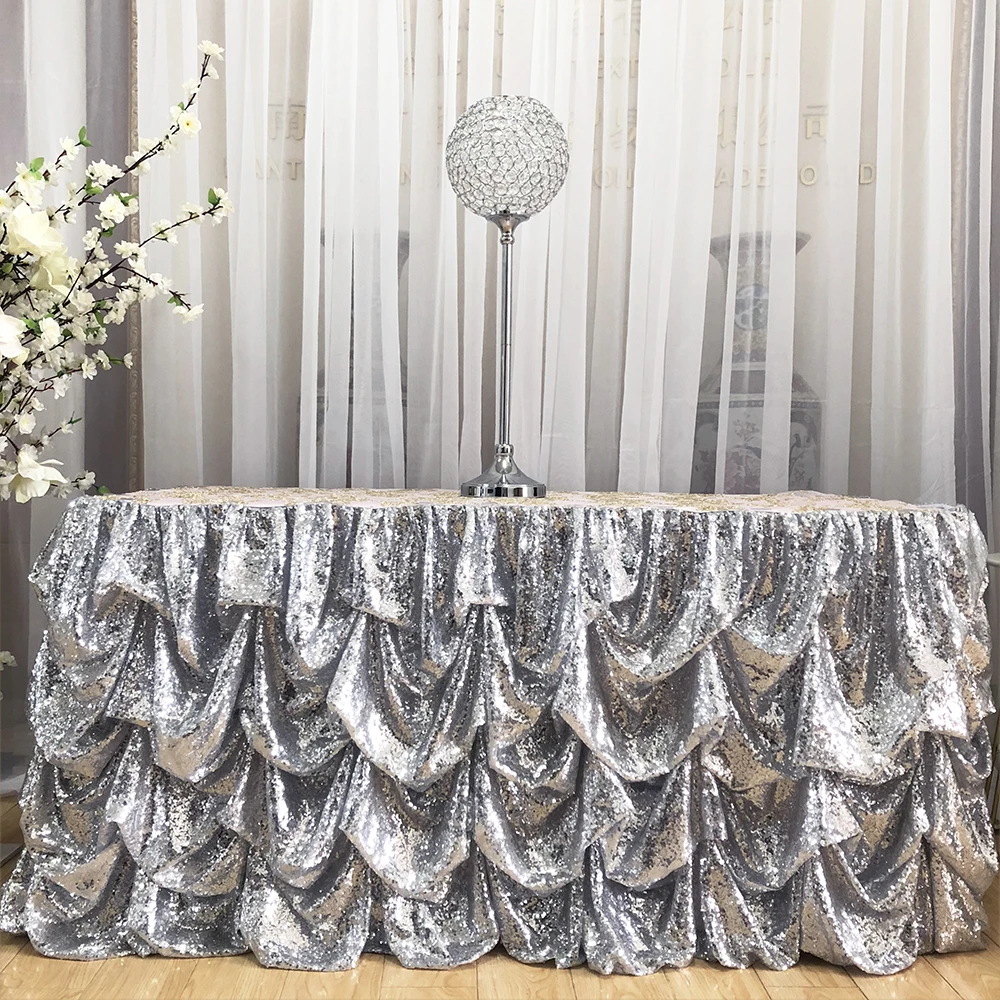 August 2 Piece /lot L * 30 Inch H Silver Shiny Sequin Table Skirt For Wedding Decoration