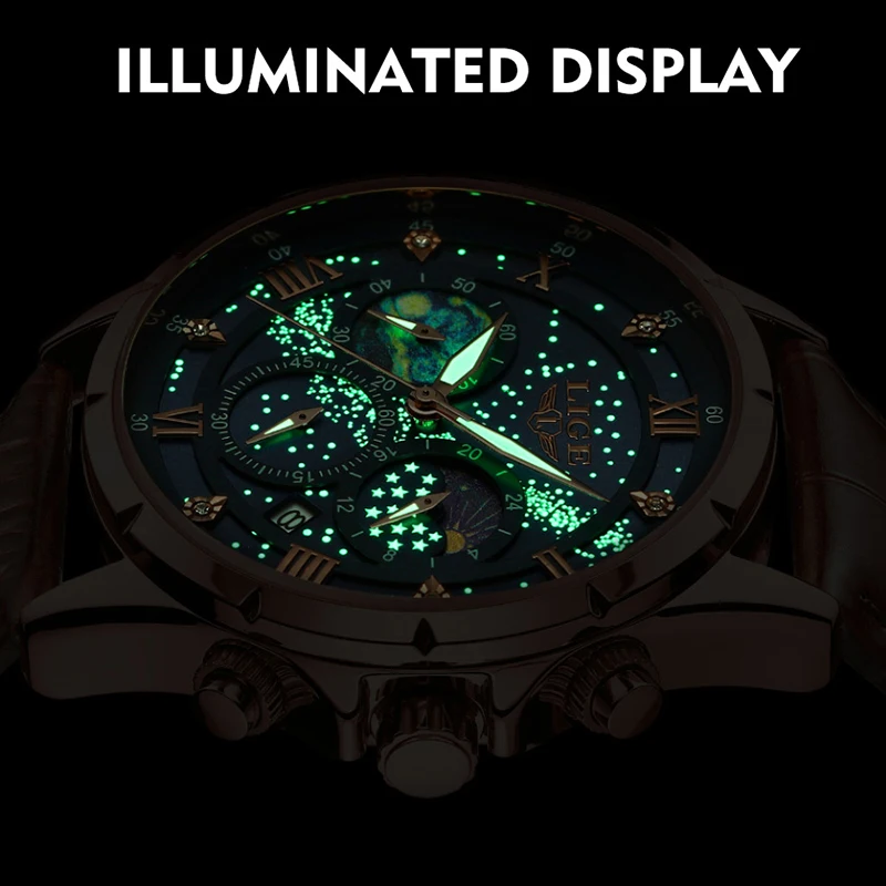 LIGE Men Watch Fashion Brown Leather 24 Hour Moon Phase Watch Men Military Waterproof Luminous Quartz Chronograph Reloj Hombre