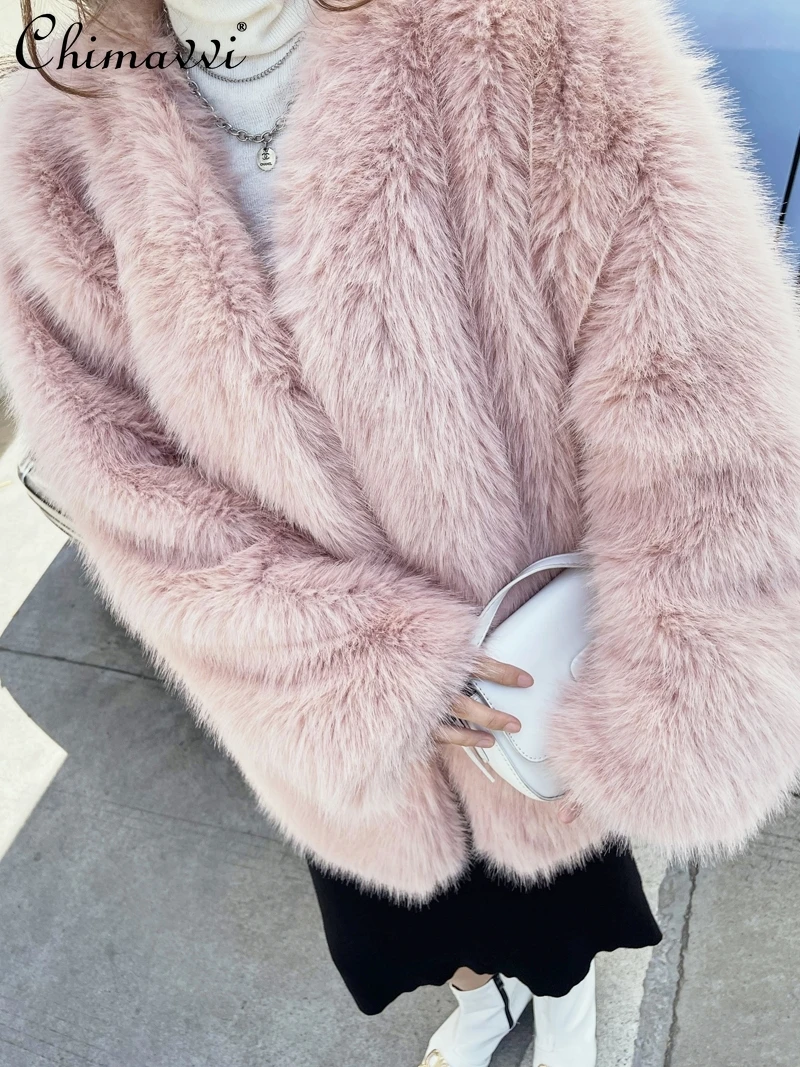 

Sweet Fur Fashion Side Open Cross V-neck Loose Furry Coat Women's 2023 Autumn Clothes New Loose Mid-Length Fox Fur Jackets