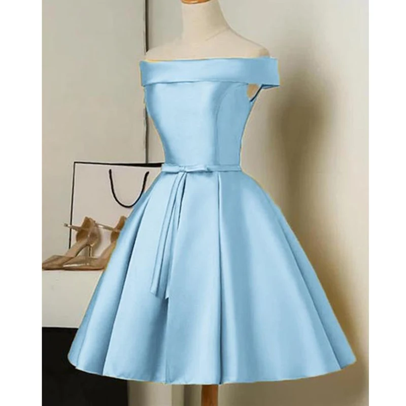 Golden Off The Shoulder A Line Cocktail Dresses Lace Up Satin Short Party Dresses Elegant Wedding Bridesmaid Gowns Evening Gowns