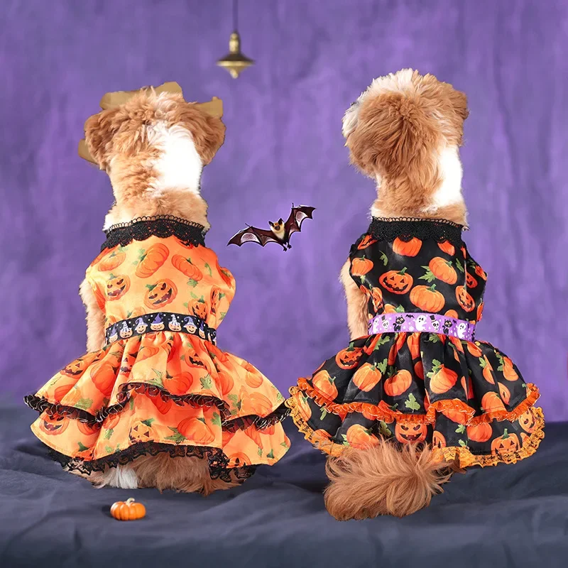 Pumpkin Lace Dress Pet Supplies Halloween Party Double Layered Dress Dog Clothing pet dress,pet dog clothes