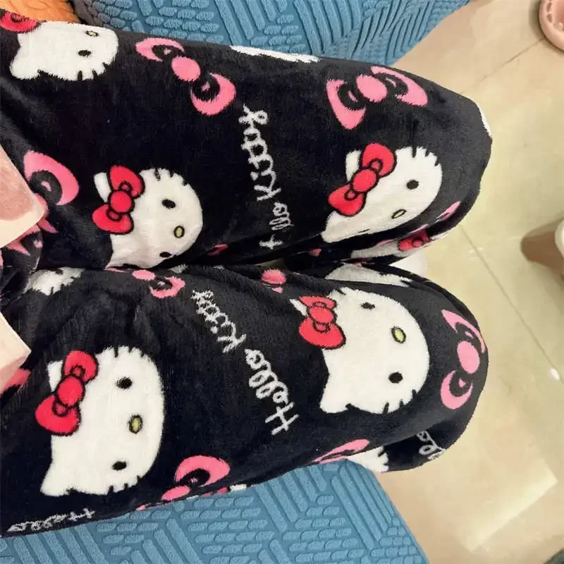 Halloween Sanrio Hello Kitty Fleece Coral Pajama Pants Soft Trousers Cute Women Casual Home Kawaii Anime Cartoon Birthday Gift fleece pajama pants