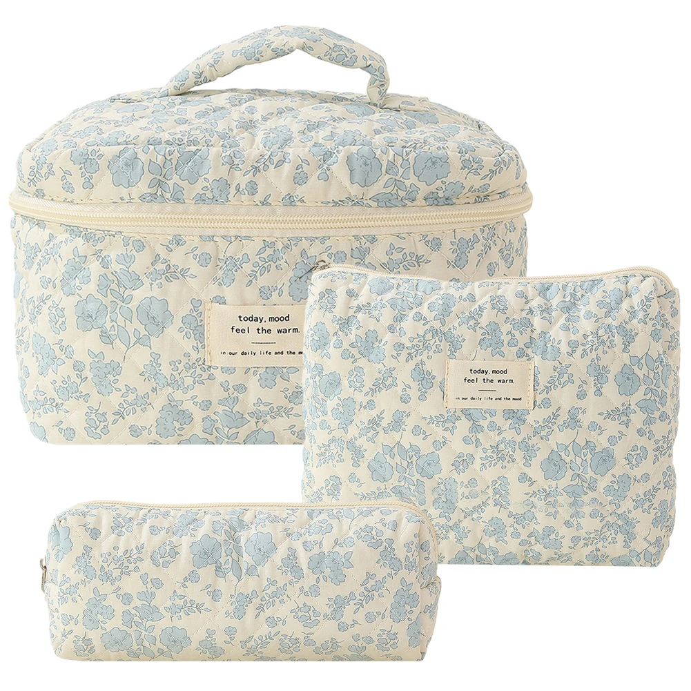 Cotton Quilted Makeup Bag Set for Women with Zipper Closure
