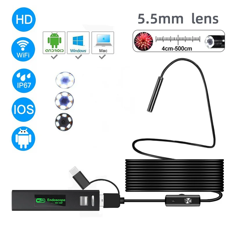 Беспроводной Эндоскоп, 5,5 мм, Wi-Fi, HD, 720P