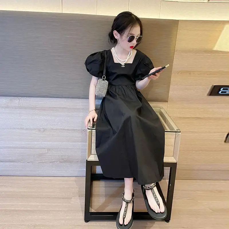 

2023 NEW summer kids teenager Girls clothes black boat neck high waist long Backless dress baby fashion