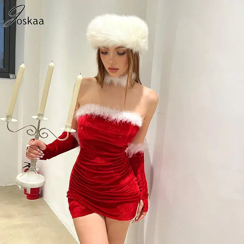 

Joskaa женское модное меховое облегающее мини-платье без бретелек с нарукавником 2024 Весна Новый год Рождество Вечеринка Клубные платья Vestidos