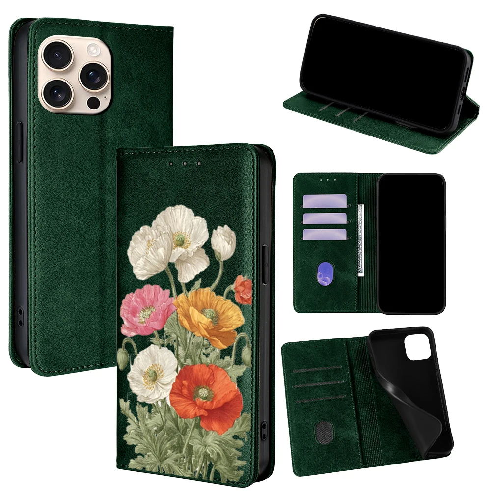 Floral Pattern Magnetic Leather Flip Wallet Case with Card Slots Holster