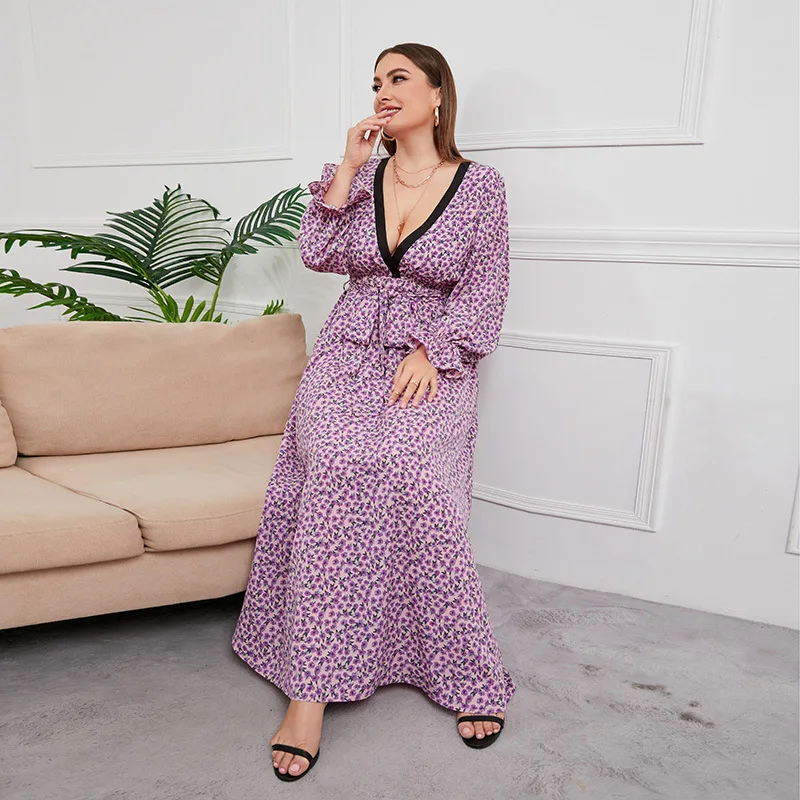 

2024Hot Sale plus Size FatmChiffon Dress Floral Large Swing DressVCollar Long Sleeve200Catty Wearable