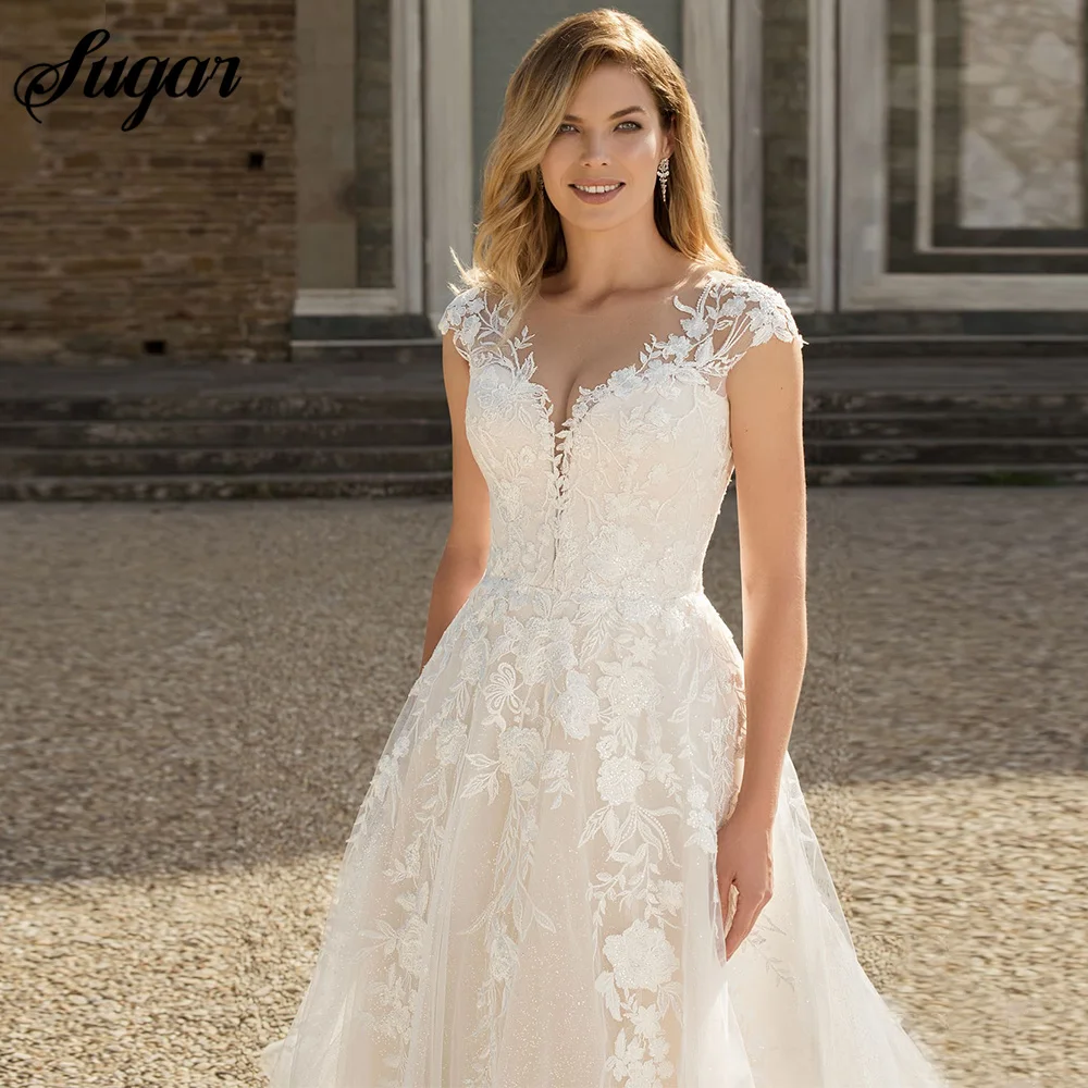 Gorgeous A-Line Wedding Dresses V-Neck Cap Sleeves Lace Appliques Bridal  Gowns | eBay