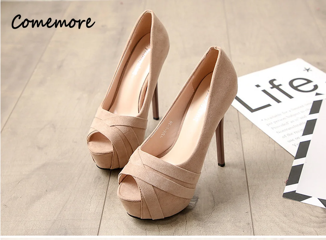 

Туфли-лодочки Comemore женские на платформе, тонкий высокий каблук, пикантные туфли на шпильке 14 см, черные, с открытым носком, 34