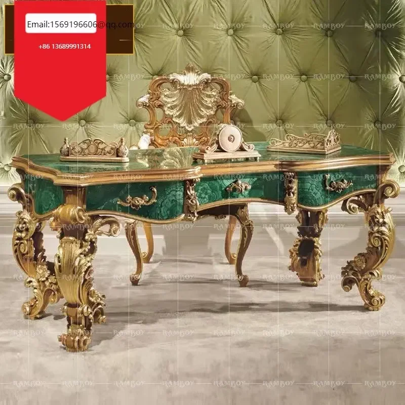

European-style solid wood gold foil Italy luxury carved computer home green desk