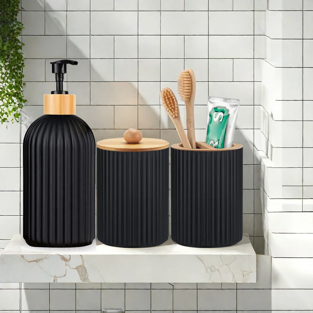 Elegant Bathroom Toiletry Set with Soap Dispenser, Toothbrush Holder & Cotton Ball Jar Decor
