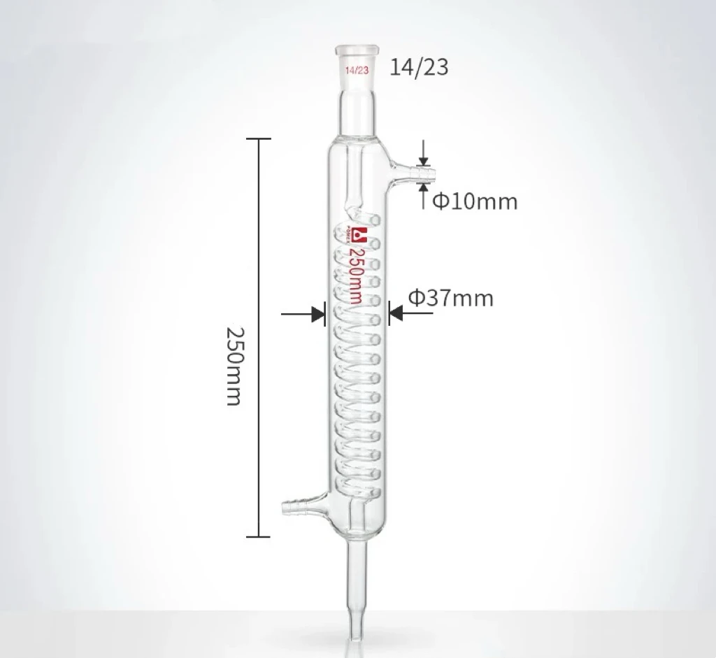 250mm Spiral Condensation Length ，Format Serpentine Condenser, Full Glass Distiller Condenser,Standard Ground Mouth 14 19 24