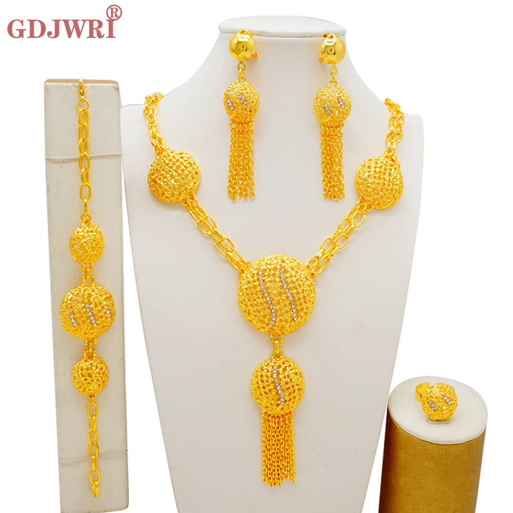 

Arabic Dubai Gold Color Tassel Long Round Necklace Earrings Jewelry Sets For Women Ethiopian African Wedding Indian Bridal Set