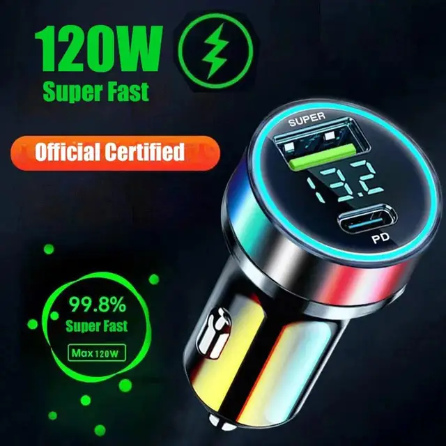 Quick Car Charger 12-24V Dual USB Type C 120W+PD20W Fast Charger For IPhone13 Pro Phone Car Fast Charging 1