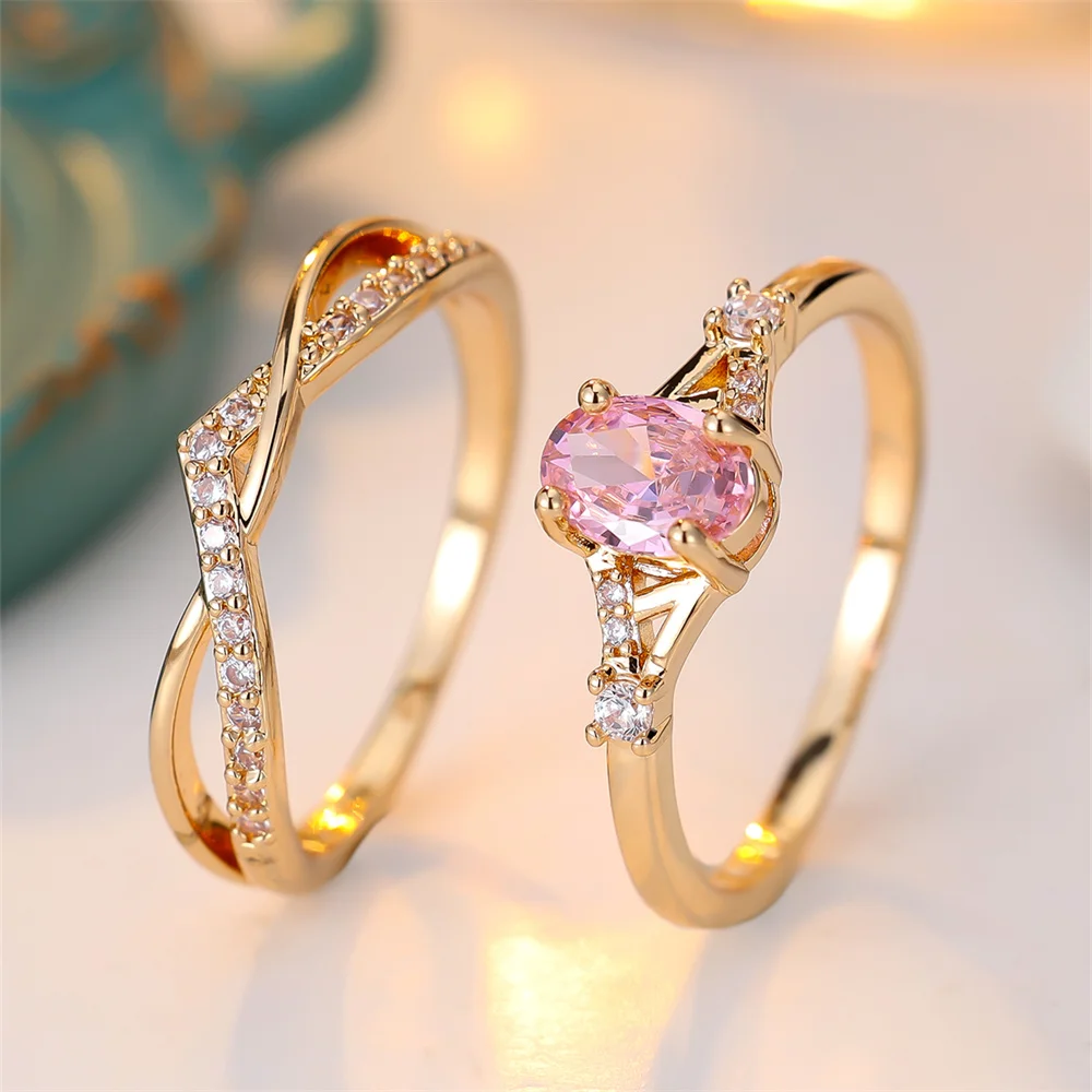 2pcs Elegant Pink Zircon Oval Stone Ring Sets For Women Vintage Gold Color Engagement Bands Wedding Jewelry Set Versatile Gifts