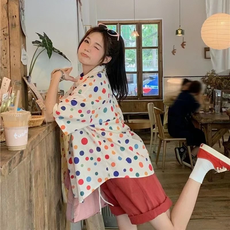 EBAIHUI French Peter Pan Collar Women's Shirt Colorful Dotted Cute Blouse Autumn Winter Korean Long Sleeved Ladies Tops
