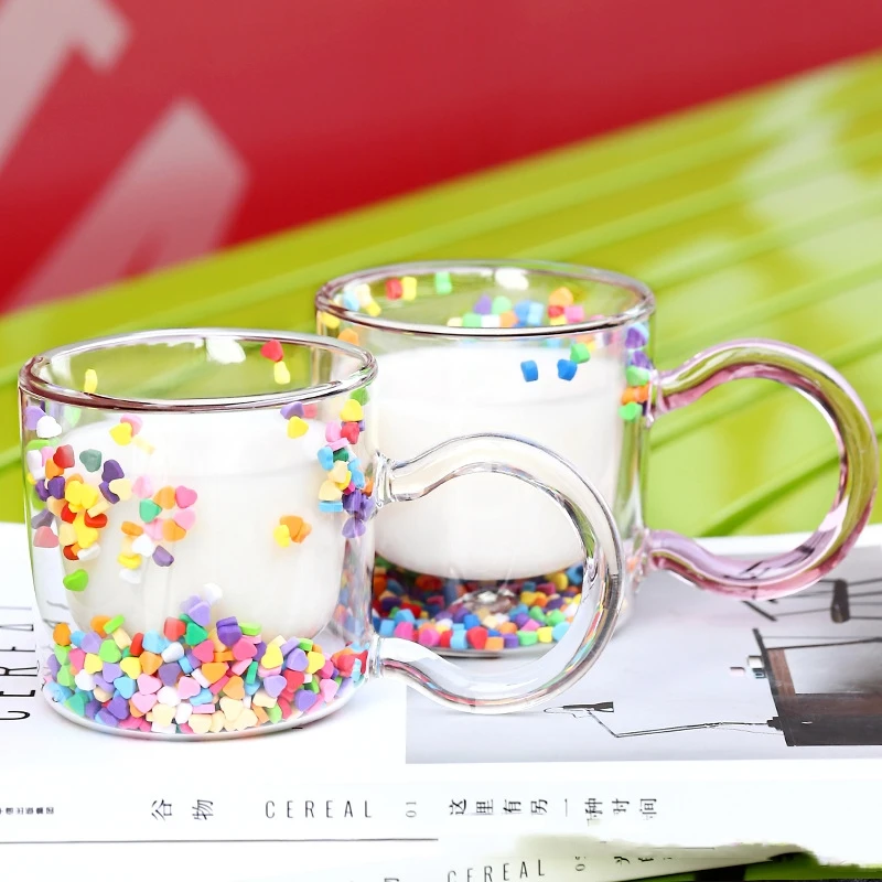 200ml Multicolor Heart Shaped Quicksand Cup Creative Double Layer Glass Cup Coffee Mug Milk Tea Juice Water Glass Drinkware glass water cup,double wall glass cup