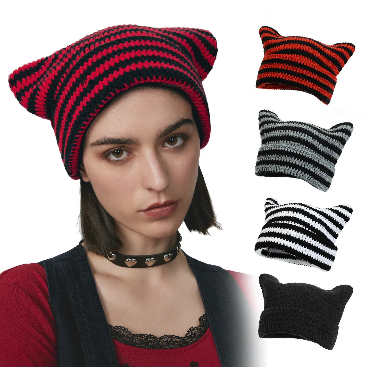 

Cute Cat Ear Hat New Japanese Imp Striped Knit Hat Tip Women's Hats Fall and Winter Wool Hand-knit Warm Headgear