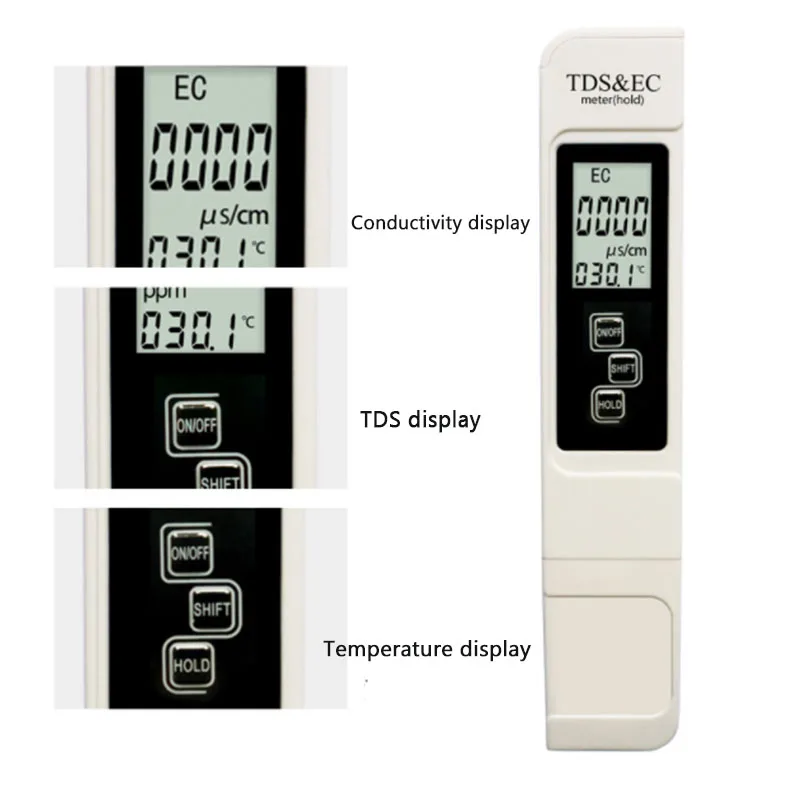 Mesee TDS EC Testeur professionnel 3 en 1 pour la qualité de l'eau avec  écran LCD numérique TDS et EC pour eau potable, aquariums, hydroponie