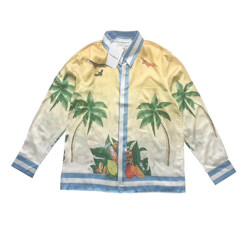 

23ss New Casablanca Shirt Coconut Tree Hair Dog Print Long Sleeve Tops Holiday Beach Hawaiian Shirts for Men Women
