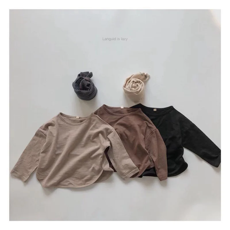 

Children's long-sleeved spring and autumn Korean version retro cotton T-shirt round collar blouse for boys and girls