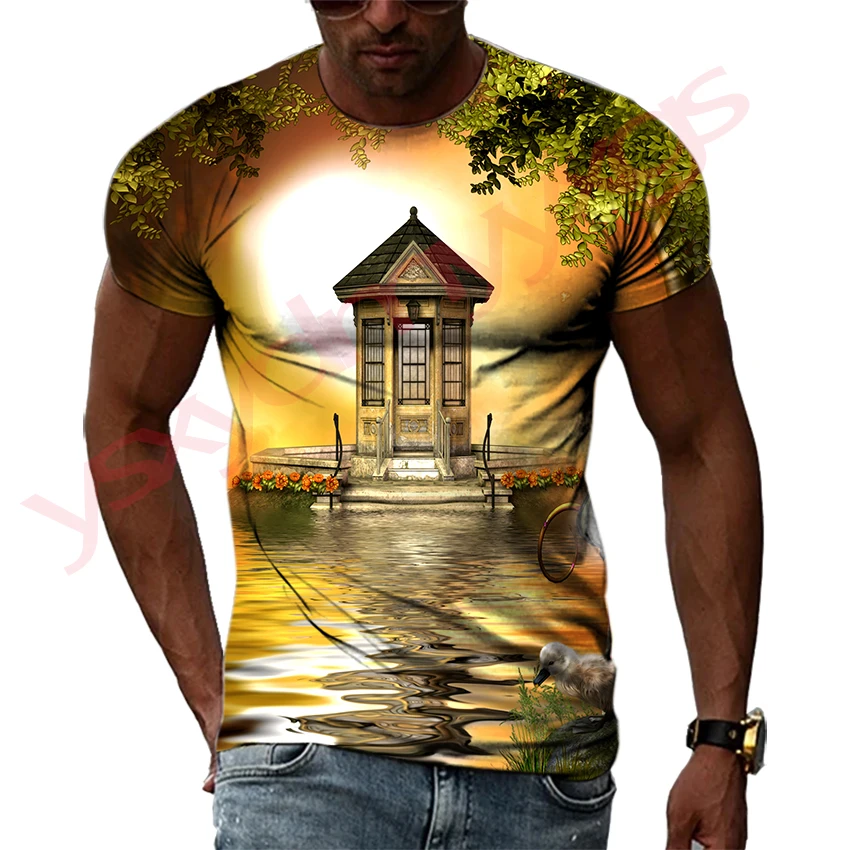 

New Tide Summer Fashion Gothic Landscape Pictures T-shirts Casual Print Tees Hip Hop Personality Round Neck Short Sleeve Tops